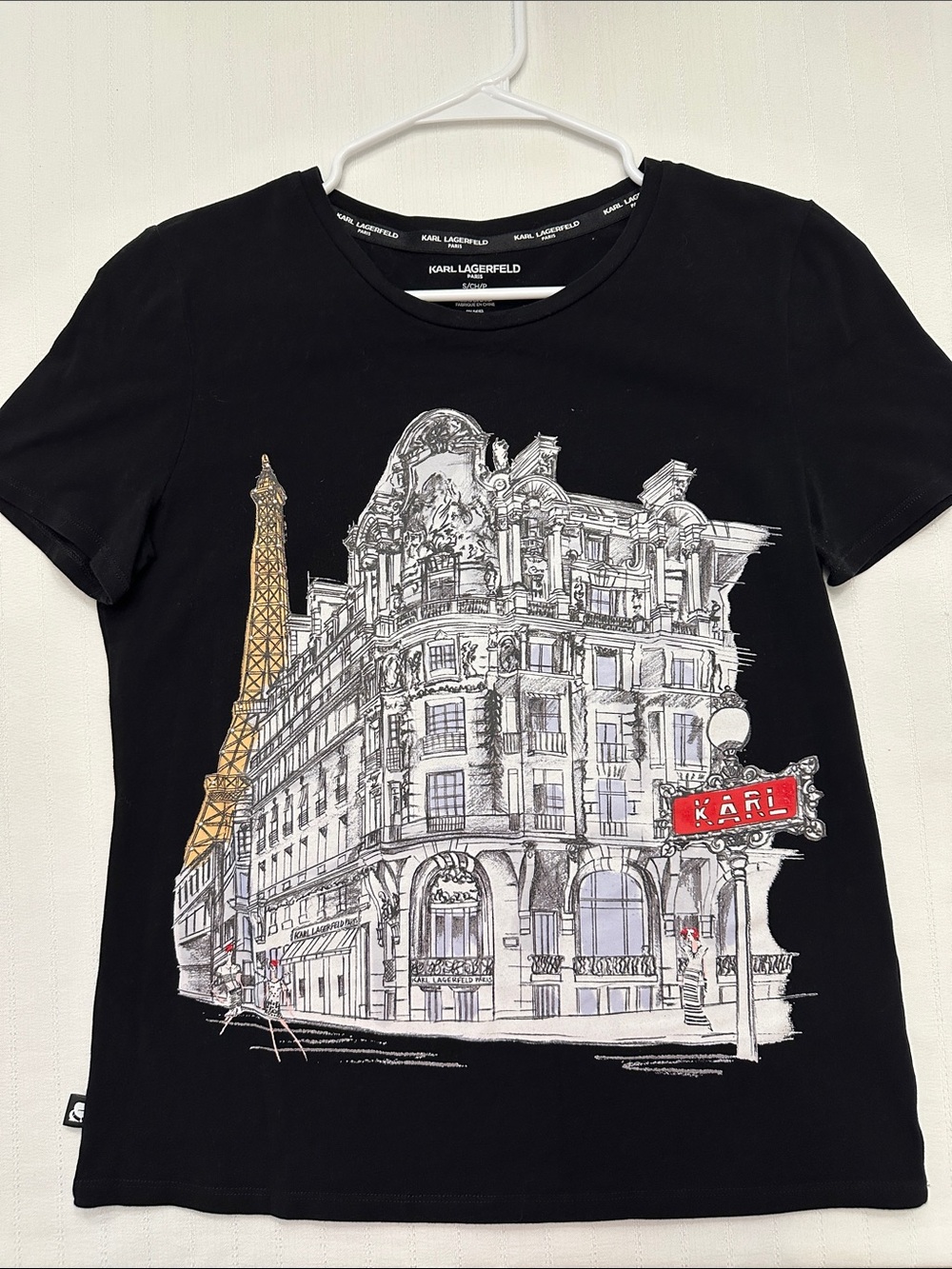 Karl Lagerfeld Black Tee with Paris Landmark Print and Gold Eiffel Accent